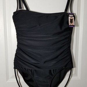 NEW Women's DKNY One Piece Shirring Bathing Suit in Black - Size XXL